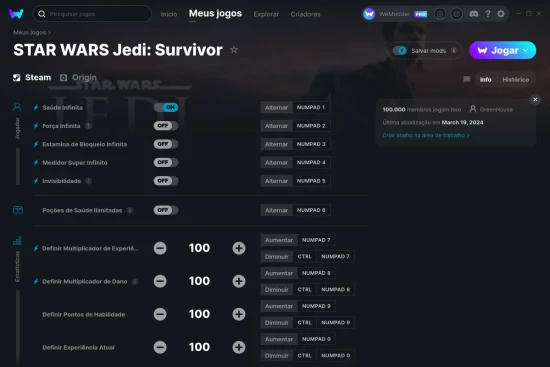 Captura de tela de cheats do STAR WARS Jedi: Survivor