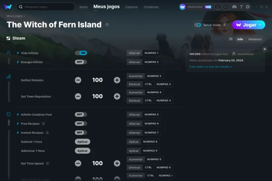 Captura de tela de cheats do The Witch of Fern Island