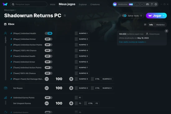 Captura de tela de cheats do Shadowrun Returns PC