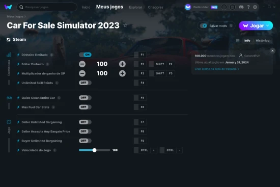 Captura de tela de cheats do Car For Sale Simulator 2023