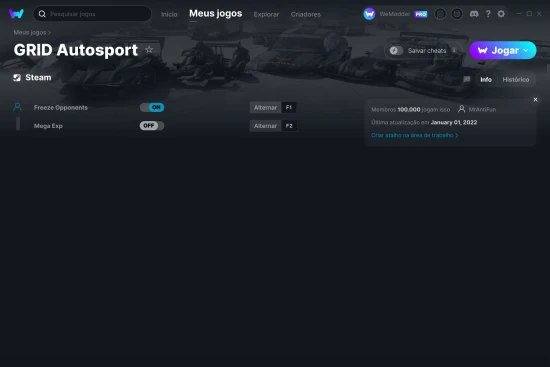 Captura de tela de cheats do GRID Autosport