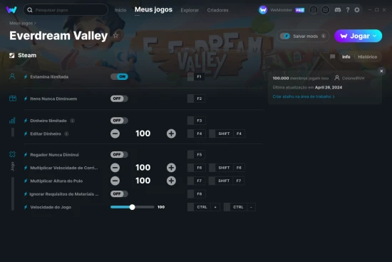 Captura de tela de cheats do Everdream Valley