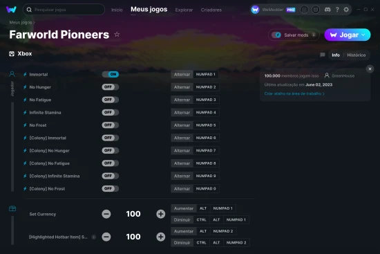 Captura de tela de cheats do Farworld Pioneers