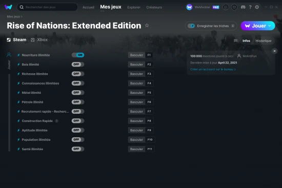 Capture d'écran de triches de Rise of Nations: Extended Edition