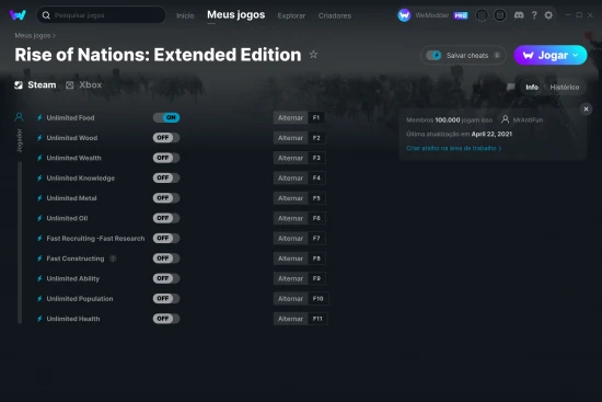 Captura de tela de cheats do Rise of Nations: Extended Edition