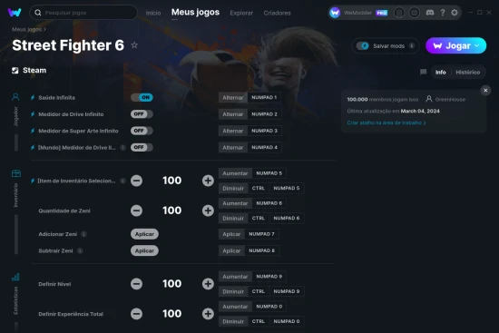 Captura de tela de cheats do Street Fighter 6