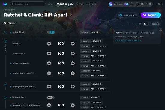 Captura de tela de cheats do Ratchet & Clank: Rift Apart