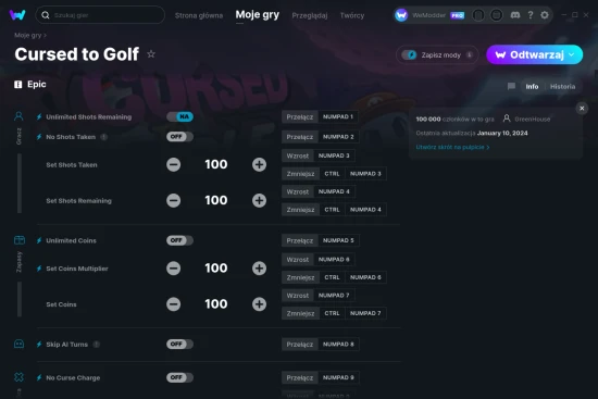 cheaty Cursed to Golf zrzut ekranu