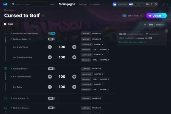 Captura de tela de cheats do Cursed to Golf