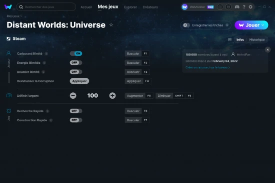 Capture d'écran de triches de Distant Worlds: Universe