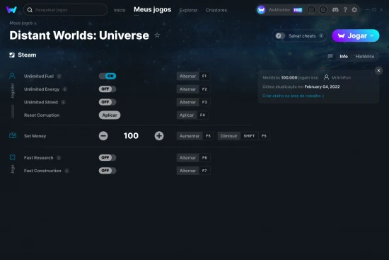 Captura de tela de cheats do Distant Worlds: Universe