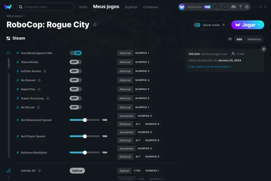 Captura de tela de cheats do RoboCop: Rogue City