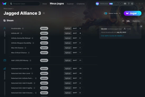 Captura de tela de cheats do Jagged Alliance 3