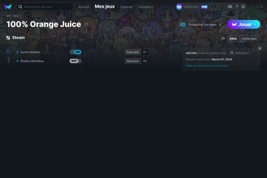 Capture d'écran de triches de 100% Orange Juice