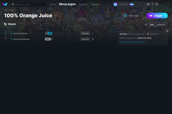 Captura de tela de cheats do 100% Orange Juice
