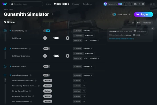 Captura de tela de cheats do Gunsmith Simulator