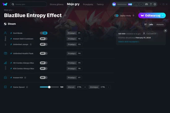 cheaty BlazBlue Entropy Effect zrzut ekranu