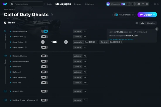 Captura de tela de cheats do Call of Duty Ghosts