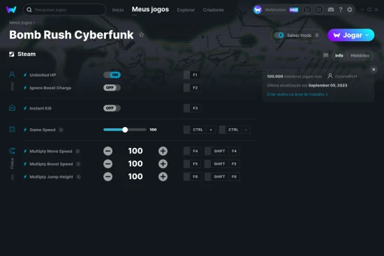 Captura de tela de cheats do Bomb Rush Cyberfunk