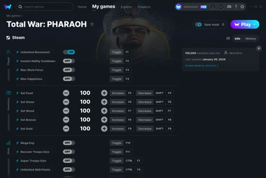 Total War: PHARAOH cheats screenshot