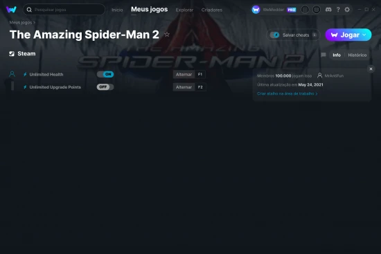 Captura de tela de cheats do The Amazing Spider-Man 2