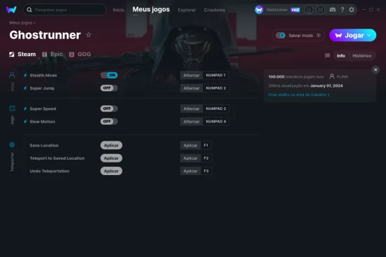 Captura de tela de cheats do Ghostrunner