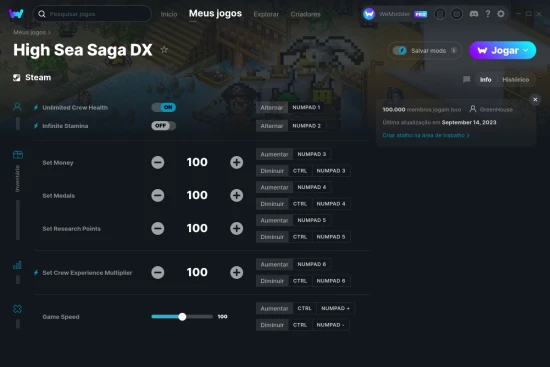 Captura de tela de cheats do High Sea Saga DX