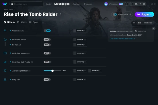 Captura de tela de cheats do Rise of the Tomb Raider