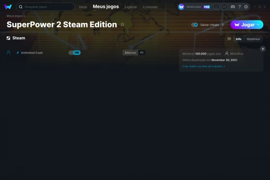 Captura de tela de cheats do SuperPower 2 Steam Edition