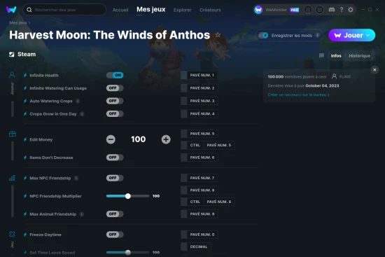 Capture d'écran de triches de Harvest Moon: The Winds of Anthos