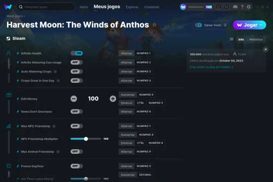 Captura de tela de cheats do Harvest Moon: The Winds of Anthos