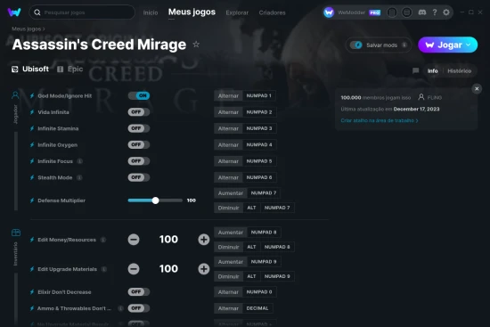 Captura de tela de cheats do Assassin's Creed Mirage