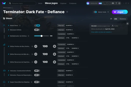 Captura de tela de cheats do Terminator: Dark Fate - Defiance