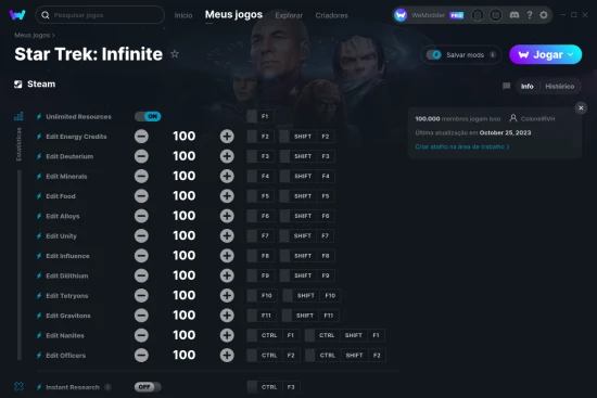 Captura de tela de cheats do Star Trek: Infinite