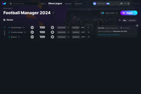 Captura de tela de cheats do Football Manager 2024
