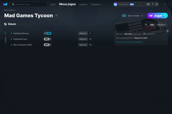 Captura de tela de cheats do Mad Games Tycoon
