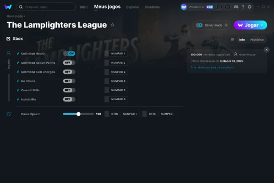 Captura de tela de cheats do The Lamplighters League