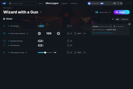 Captura de tela de cheats do Wizard with a Gun