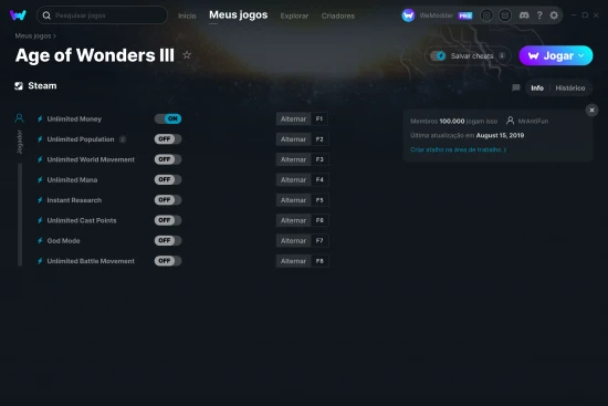 Captura de tela de cheats do Age of Wonders III