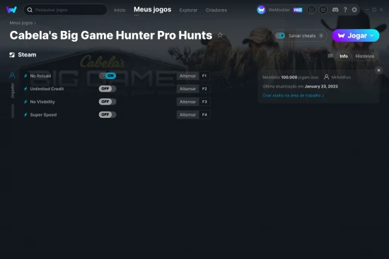 Captura de tela de cheats do Cabela's Big Game Hunter Pro Hunts