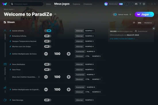 Captura de tela de cheats do Welcome to ParadiZe