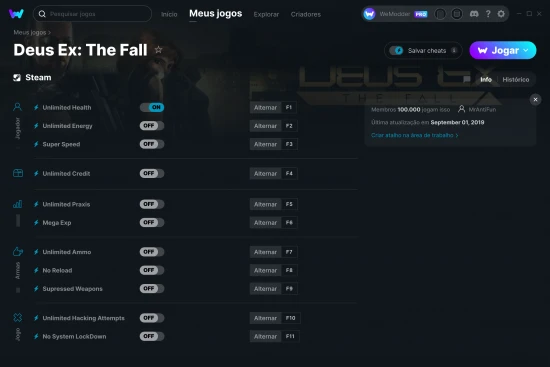 Captura de tela de cheats do Deus Ex: The Fall