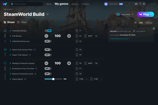 SteamWorld Build cheats screenshot