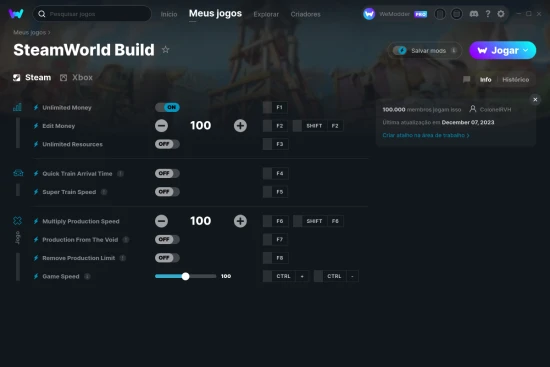 Captura de tela de cheats do SteamWorld Build