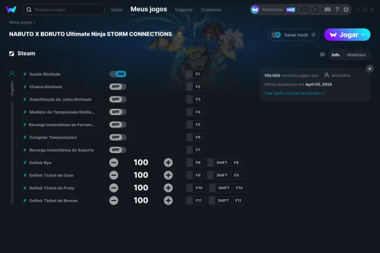 Captura de tela de cheats do NARUTO X BORUTO Ultimate Ninja STORM CONNECTIONS