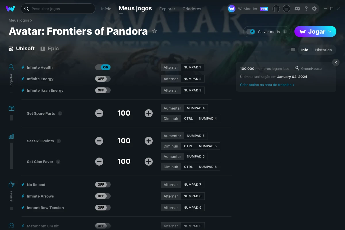 Captura de tela de cheats do Avatar: Frontiers of Pandora