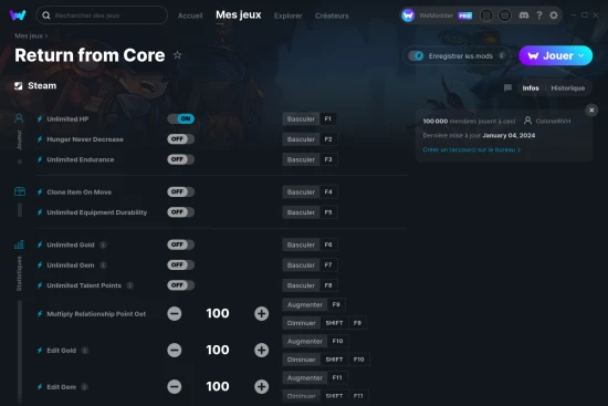 Capture d'écran de triches de Return from Core