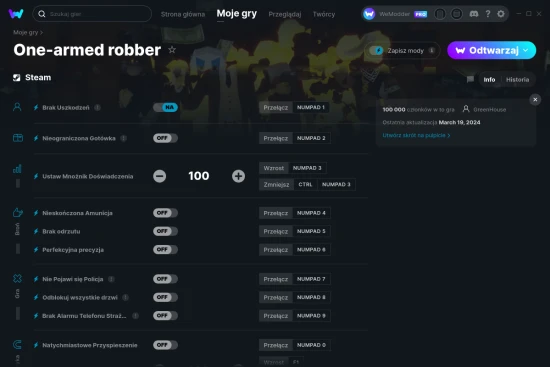 cheaty One-armed robber zrzut ekranu