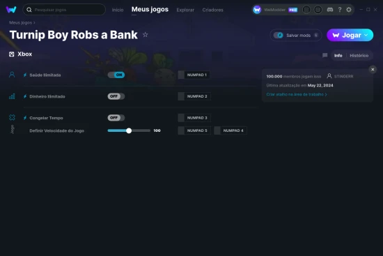 Captura de tela de cheats do Turnip Boy Robs a Bank