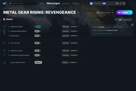 Captura de tela de cheats do METAL GEAR RISING: REVENGEANCE